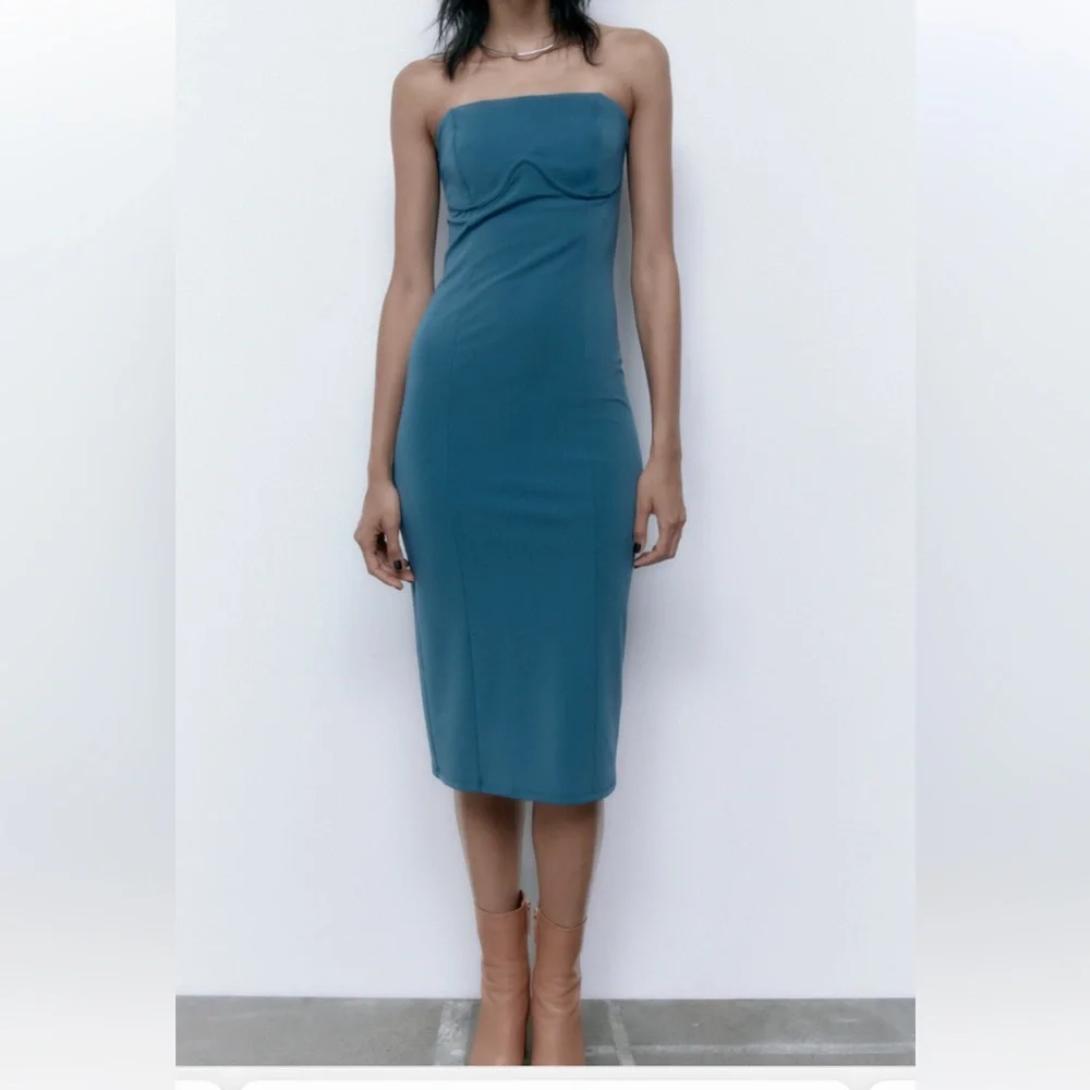 Zara | Dresses | Zara Strapless Dress Blue | Poshmark